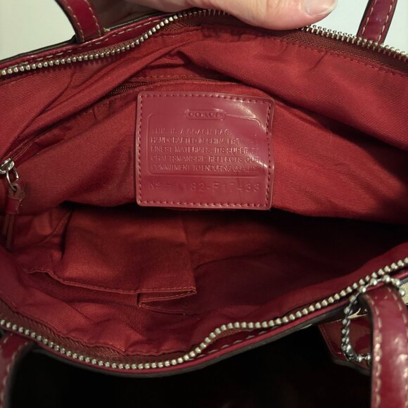 Coach Signature Khaki Red Stripe Red Patent Leather Medium Tote - Picture 11 of 11